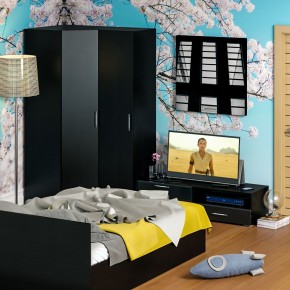 Спальня Стандарт 4-1400, цвет венге/фасады ТВ тумбы МДФ чёрный глянец, сп.м. 1400х2000 мм., без матраса, основание есть в Кунгуре - kungur.mebel-74.com | фото